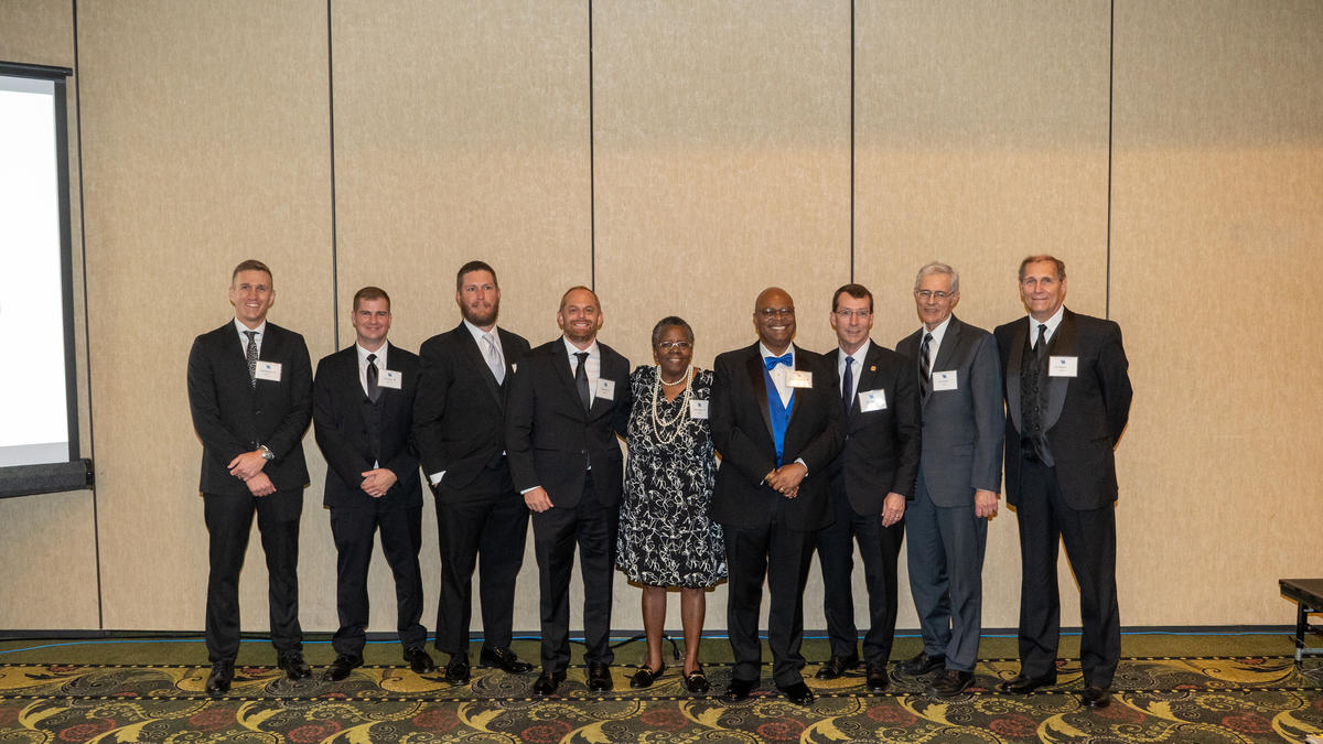 Campbell Revlett, Cory Wilson, M. Jordan Lewis, David Rust, Ruth A. Coleman, L. Sebastian Bryson (chair, Department of Civil Engineering), Ben R. Edelen, Lester Wimpy, Ben T. Quin, Jr. Not shown, Dr. Hans Gesund (Posthumous).