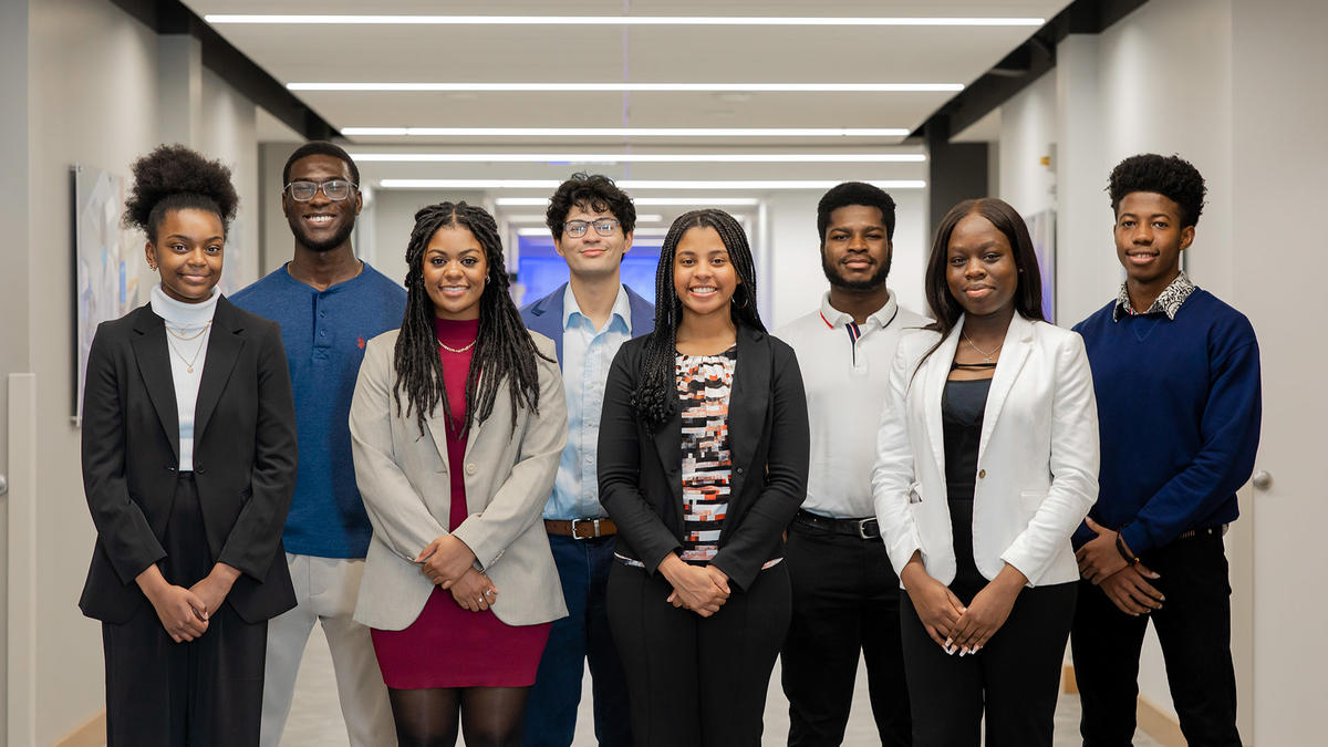 From left to right: Emorie Jackson, Seun Adekunle, Jessica Howard, Bryce Grant, Jayla McCoy, Jesse Okorafor, Oluwatofunmi Oyetan, Nnaemeka Okafor.