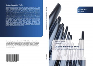 Book cover for 'Carbon Nanotube Turfs: A Novel Approach Towards Carbonate Synthesis' by Johnson Joseph and Charles Li. The cover features an abstract image of elongated metallic structures, possibly representing carbon nanotubes, on a white and blue background. The title and authors' names are prominently displayed in the center-right section, while the left section contains a summary of the book and author information. The book is published by Scholars' Press.