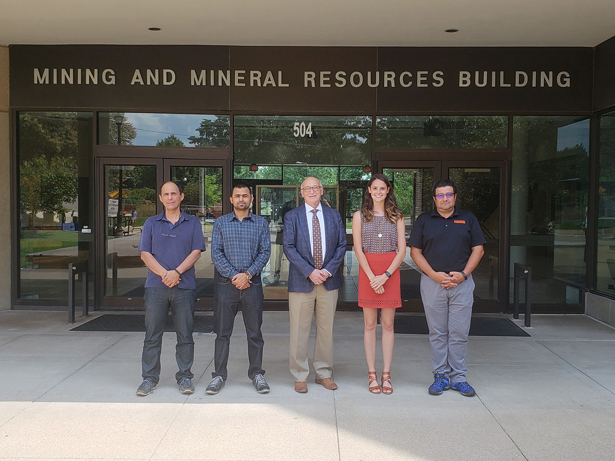 Pictured, from left to right: Director of Graduate Studies Zach Agioutantis, Ravi Ray, Department of Mining Engineering Chair Tom Novak, Brookynn Yonts, Assistant Professor Jhon Silva 
