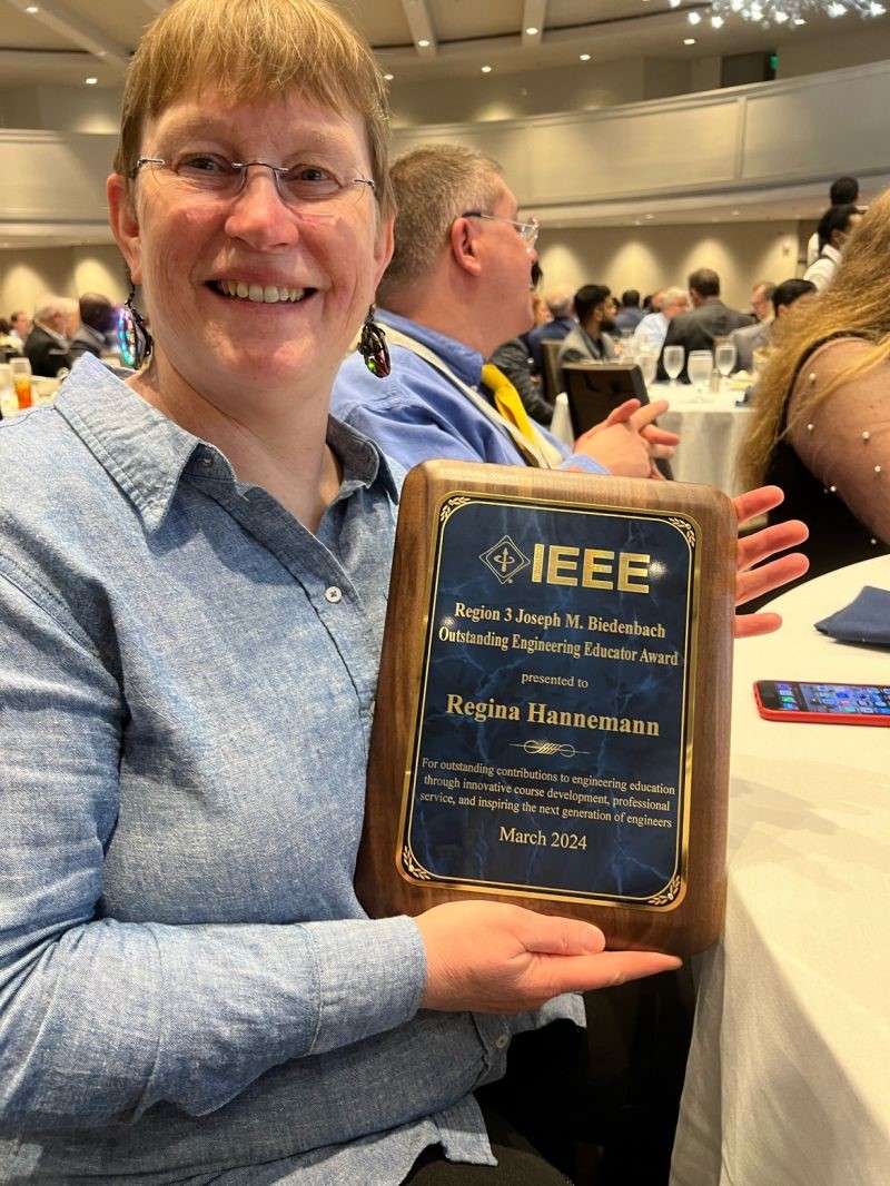 Hannemann with her IEEE Region 3 Joseph M. Biedenbach Outstanding Engineering Educator Award