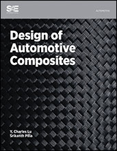 Book cover for 'Design of Automotive Composites' by Y. Charles Lu and Srikanth Pilla. The cover features a black and grey woven pattern, likely representing composite material, as the background. The title is prominently displayed in bold white text on the left side. The authors' names are listed at the bottom left. The top left corner displays the SAE International logo, and the top right corner has the word 'Automotive'.