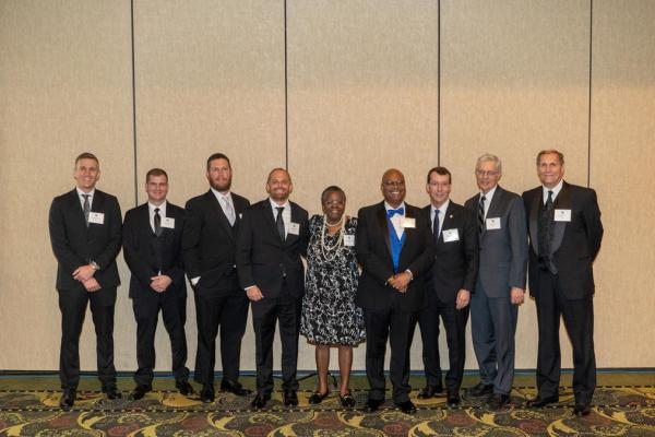 Campbell Revlett, Cory Wilson, M. Jordan Lewis, David Rust, Ruth A. Coleman, L. Sebastian Bryson (chair, Department of Civil Engineering), Ben R. Edelen, Lester Wimpy, Ben T. Quin, Jr. Not shown, Dr. Hans Gesund (Posthumous).