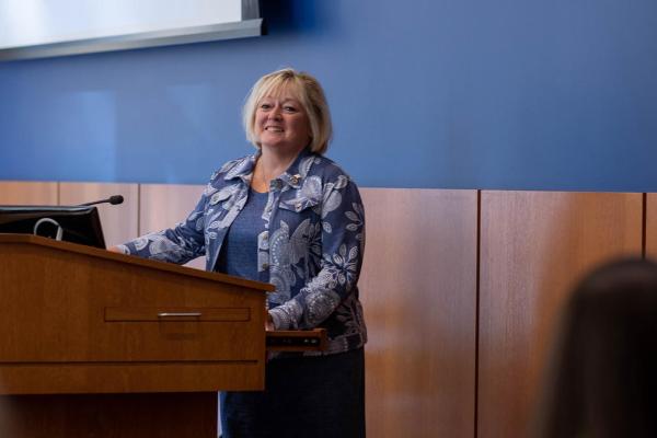 Elaine Duncan presenting at the college's Women in Engineering Day event in 2019