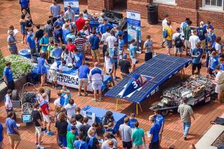 High level view of event happening in the Engineering courtyard with the Formula Kentucky Solar Car.