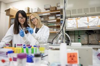 Student and faculty member looking at a petri dish in a lab with items marked as biohazards.