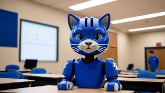 Robotic UK Wildcat mascot sitting at a desk in a classroom. 'UK Wildcat in the classroom' image generated by OpenArt.ai.