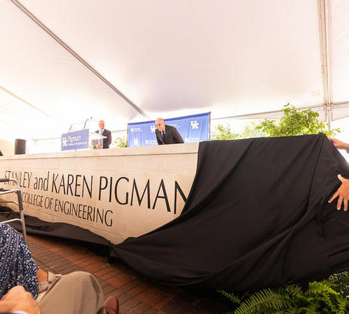 New Stanley and Karen Pigman College of Engineering sign is unveiled.