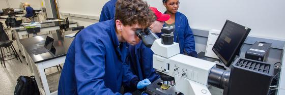 4 students in a lab with 3 looking at a computer monitor and one student looking into a microscope.