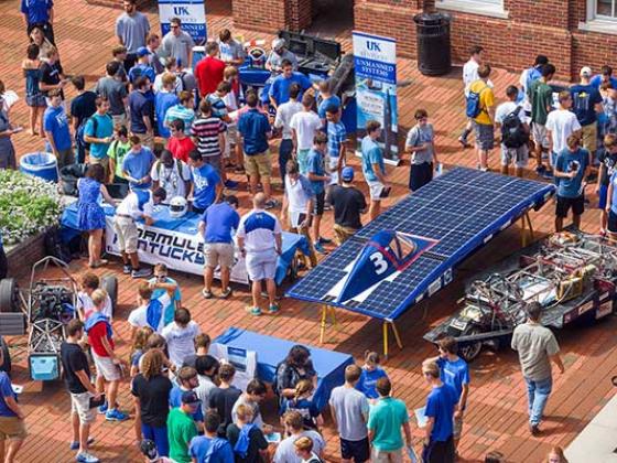 High level view of event happening in the Engineering courtyard with the Formula Kentucky Solar Car.