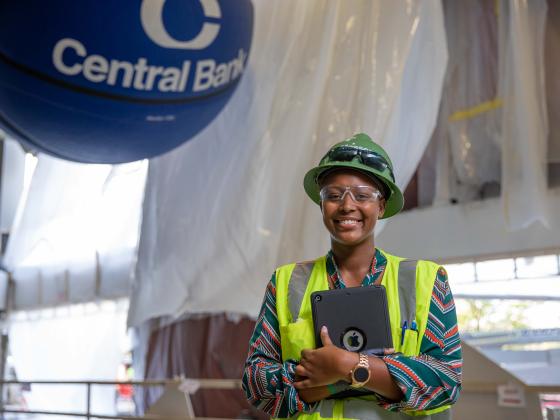 student with hard hat